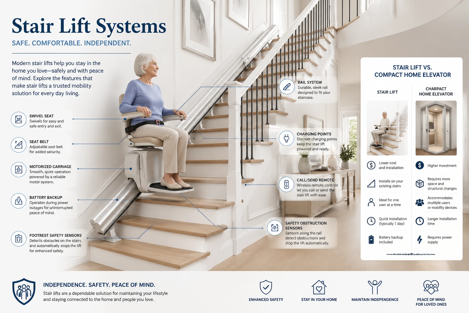 Modern stair lift installation in a residential home showing safe mobility for seniors on stairs